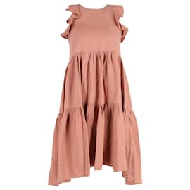 Ulla Johnson- Ulla Johnson Sienna Ruffle Tiered Mini Dress in Peach Tencel-Brown,Red