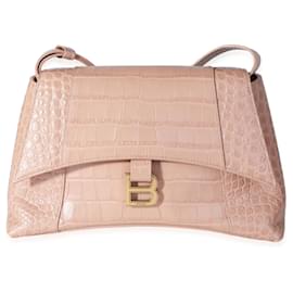 Balenciaga-Balenciaga Beige Croc Embossed Hourglass Downtown Shoulder Bag-Brown,Beige