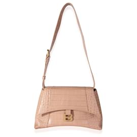 Balenciaga-Balenciaga Beige Croc Embossed Hourglass Downtown Shoulder Bag-Brown,Beige