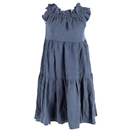Ulla Johnson- Ulla Johnson Olivia Mini Off the Shoulder Tiered Dress in Blue Tencel-Blue