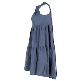 Ulla Johnson- Ulla Johnson Olivia Mini Off the Shoulder Tiered Dress in Blue Tencel-Blue