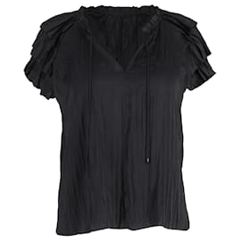 Ulla Johnson-Ulla Johnson Pleated Ruffled Short Sleeve Blouse in Black Polyester-Black