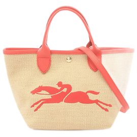 Longchamp Leather × Straw Le Pliage Panier 2way Bag 10144HZB218 Beige