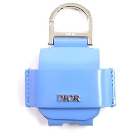 DIOR Leather Metal Logo Earphone Case Key Ring Blue