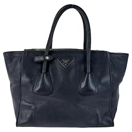 Prada-Prada Leather Triangle Logo Tote Bag-Blue