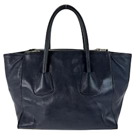 Prada-Prada Leather Triangle Logo Tote Bag-Blue