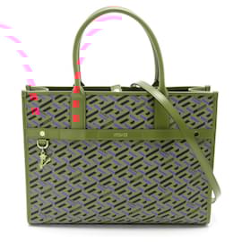 Versace-Versace La Greca Tote Bag PVC Coated Canvas Leather-Red