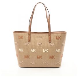Michael Kors Carter Leather Straw Tote Bag Beige