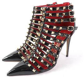 Valentino Rockstud Leather Booties Black Gold Other