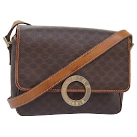 Céline-CELINE Macadam Canvas Shoulder Bag PVC Leather Brown Gold Auth 93829-Brown,Golden