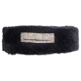Swarovski-Col roulé en fausse fourrure noire orné de cristaux-Noir
