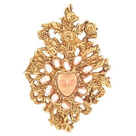 NUEVE BROCHE CHRISTIAN LACROIX NAVIDAD 1998 CARA METAL DORADO & PERLAS ROSADAS BROCHE Dorado