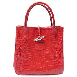 LONGCHAMP ROSEAU 2396158608 COURO ESTILO CROCODILO VERMELHO BOLSA TOTE Vermelho