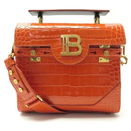 NINE BALMAIN B BUZZ 23 CROCODILE-STYLE LEATHER ORANGE SHOULDER BAG Orange