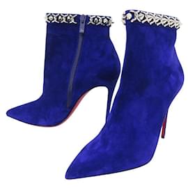 Christian Louboutin-NINE CHRISTIAN LOUBOUTIN BOOTY IN NIGHT CHAINE BLUE SUEDE BOOTS-Blue