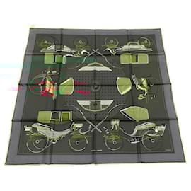 Hermès-HERMES Silk twill scarf 100% silk THE CAR A POINT OF TRANSFORMATION-Green,Coral