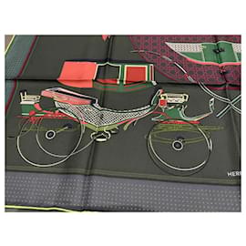 Hermès-HERMES Silk twill scarf 100% silk THE CAR A POINT OF TRANSFORMATION-Green,Coral