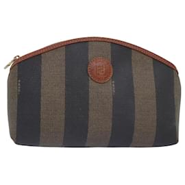 Fendi-FENDI Pecan Canvas Pouch Black Brown gold Auth ti2082-Brown,Black,Golden