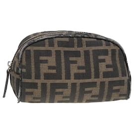 Fendi-FENDI Zucca Canvas Pouch Brown Black Silver Auth 92188-Brown,Black,Silvery