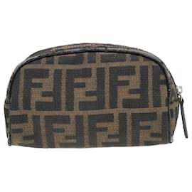 Fendi-FENDI Zucca Canvas Pouch Brown Black Silver Auth 92188-Brown,Black,Silvery