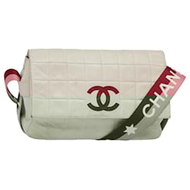 Chanel-CHANEL Choco Bar Shoulder Bag Leather White Gold pink CC Auth bs18354-Pink,White,Golden