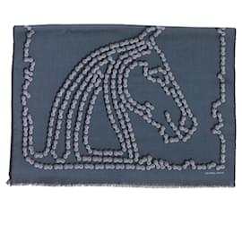 Hermès-HERMES Cheval Dechaine Cashmere Silk Shawl-Blue