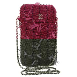 Chanel-CHANEL Smartphone Case Chain Shoulder Bag Tweed Gold Pink CC Auth bs18176-Pink,Golden
