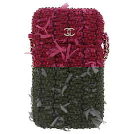 Chanel-CHANEL Smartphone Case Chain Shoulder Bag Tweed Gold Pink CC Auth bs18176-Pink,Golden