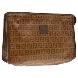 Fendi-FENDI Zucchino Canvas Clutch Bag Brown Gold Auth ti2135-Brown,Golden