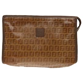 Fendi-FENDI Zucchino Canvas Clutch Bag Brown Gold Auth ti2135-Brown,Golden