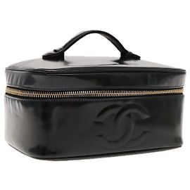 CHANEL COCO Marca pochette da trucco Pelle verniciata Nera Oro CC Auth 94464 Nero D'oro
