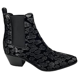 Saint Laurent-Saint Laurent Black Glitter Leopard Velvet Ankle Boots-Black