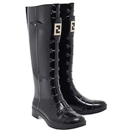 Fendi-Fendi Logo Black Rubber Boots-Black,Gold hardware