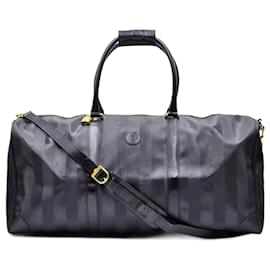 Fendi-Fendi Pequin Pecan Bauletto Stripe Boston Travel Bag with Strap-Black