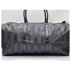 Fendi-Fendi Pequin Pecan Bauletto Stripe Boston Travel Bag with Strap-Black