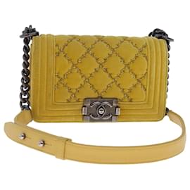 Chanel-CHANEL Matelasse 20 Chain Boy Chanel Shoulder Bag Velor Yellow CC Auth 94468A-Yellow