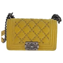 Chanel-CHANEL Matelasse 20 Chain Boy Chanel Shoulder Bag Velor Yellow CC Auth 94468A-Yellow