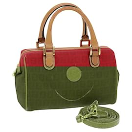 Fendi-FENDI Zucchino Canvas Hand Bag 2way Red Brown Gold Auth mr568-Brown,Red,Golden
