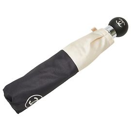 Chanel Coco Mark Stitch Motif One-Touch Folding Umbrella Black Beige