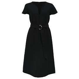 Vestido com cinto em lã preta de decote em V da Salvatore Ferragamo Preto