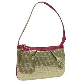 FENDI Zucchino Canvas Accessory Pouch Gold Auth 91634 Golden