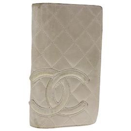 CHANEL Cambon Line Long Wallet Leather Beige Silver CC Auth bs18722 Silvery Beige