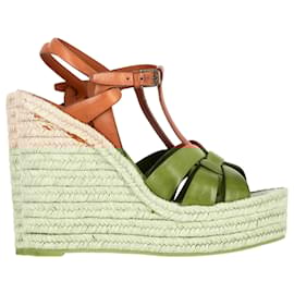 Saint Laurent- Saint Laurent Tribute Espadrille Wedge Ankle Strap Heels in Brown Calfskin Leather-Brown