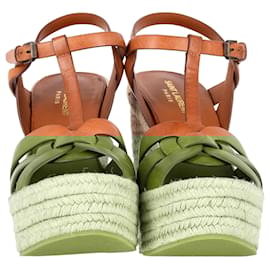 Saint Laurent- Saint Laurent Tribute Espadrille Wedge Ankle Strap Heels in Brown Calfskin Leather-Brown