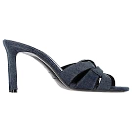 Saint Laurent-Saint Laurent Tribute Slip-On Heeled Sandals in Blue Cotton Denim-Blue