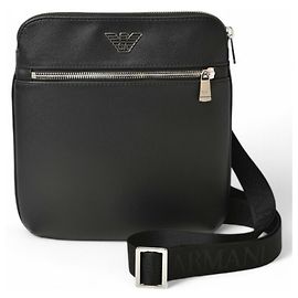 Emporio Armani Black Leather Messenger Bag Black