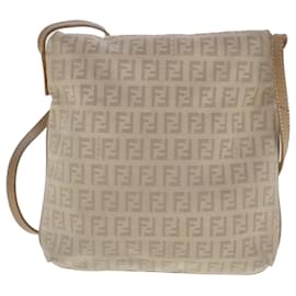 Fendi-FENDI Zucchino Canvas Shoulder Bag Beige Gold Auth 94453-Beige,Golden