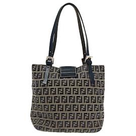 Fendi-FENDI Zucchino Canvas Hand Bag Navy Silver Auth 94429-Silvery,Navy blue