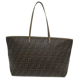 Fendi-FENDI Zucca Canvas Tote Bag Brown Black Gold Auth 94724-Brown,Black,Golden