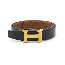Cinturón de cuero reversible Constance Guilloché H de Hermès Castaño Negro